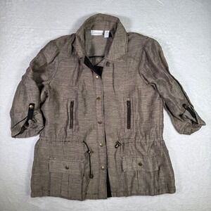 CHICO'S Women's Size 2 Linen Polyester Striped Utility Jacket Roll Tab Sleeves